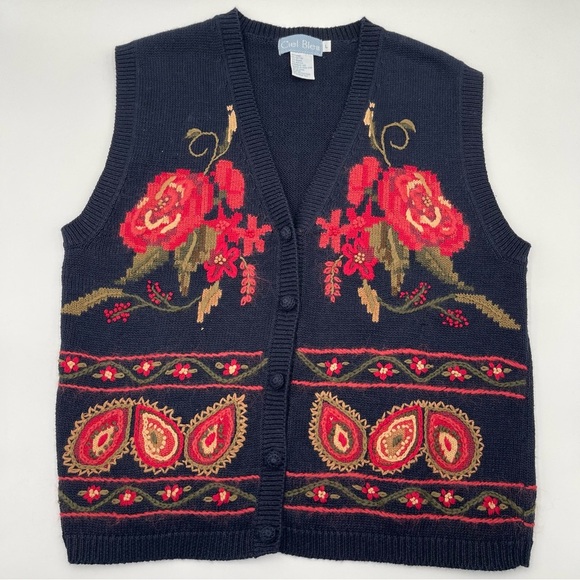 Vintage Ciel Bleu Women’s Large Floral Sweater Vest Buttons Flowers Blue 90s - Picture 7 of 13
